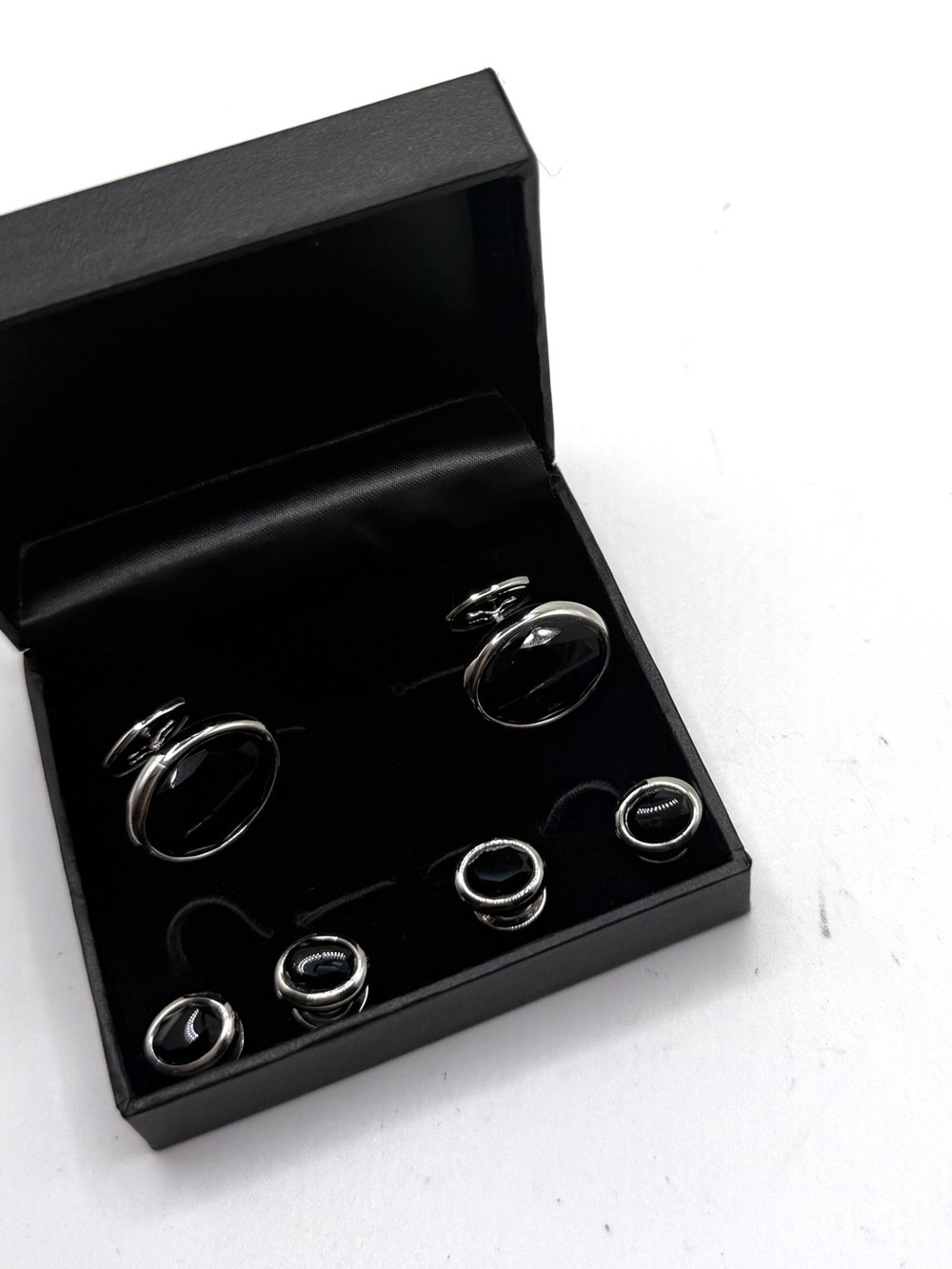 Men's Black Onyx Silver Cufflinks and Shirt Stud Set